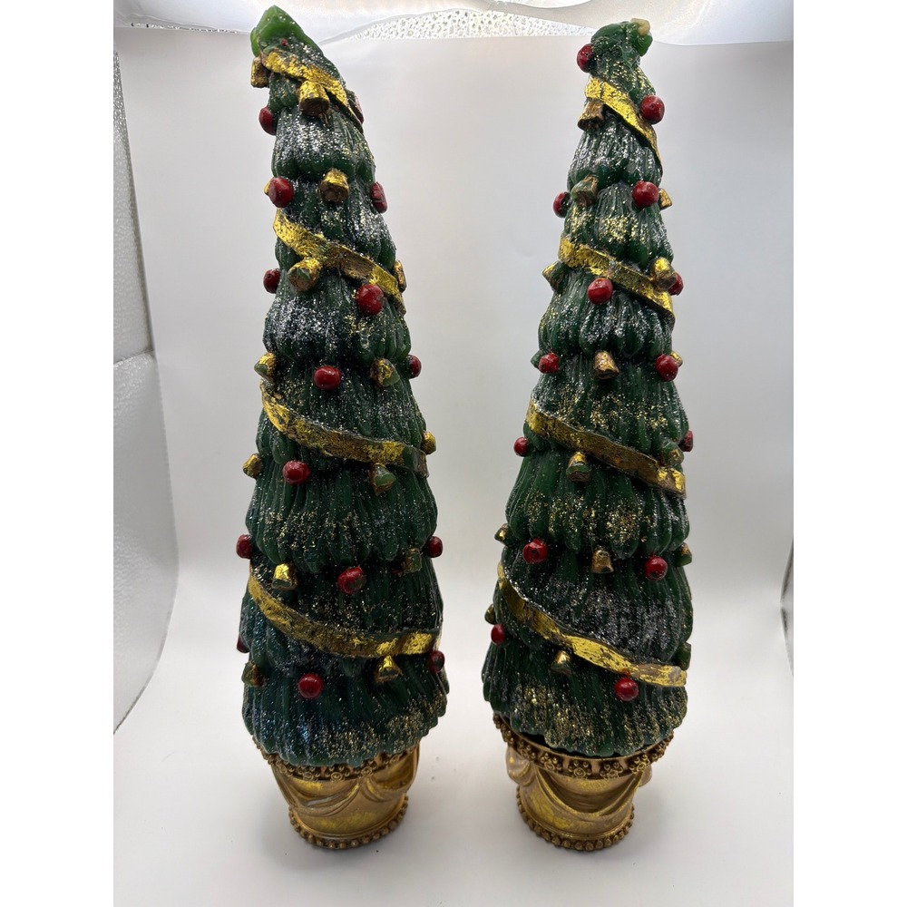 Department 56 Christmas Tree Pillar Candles Gold Base Glitter Set of 2 Green 12"